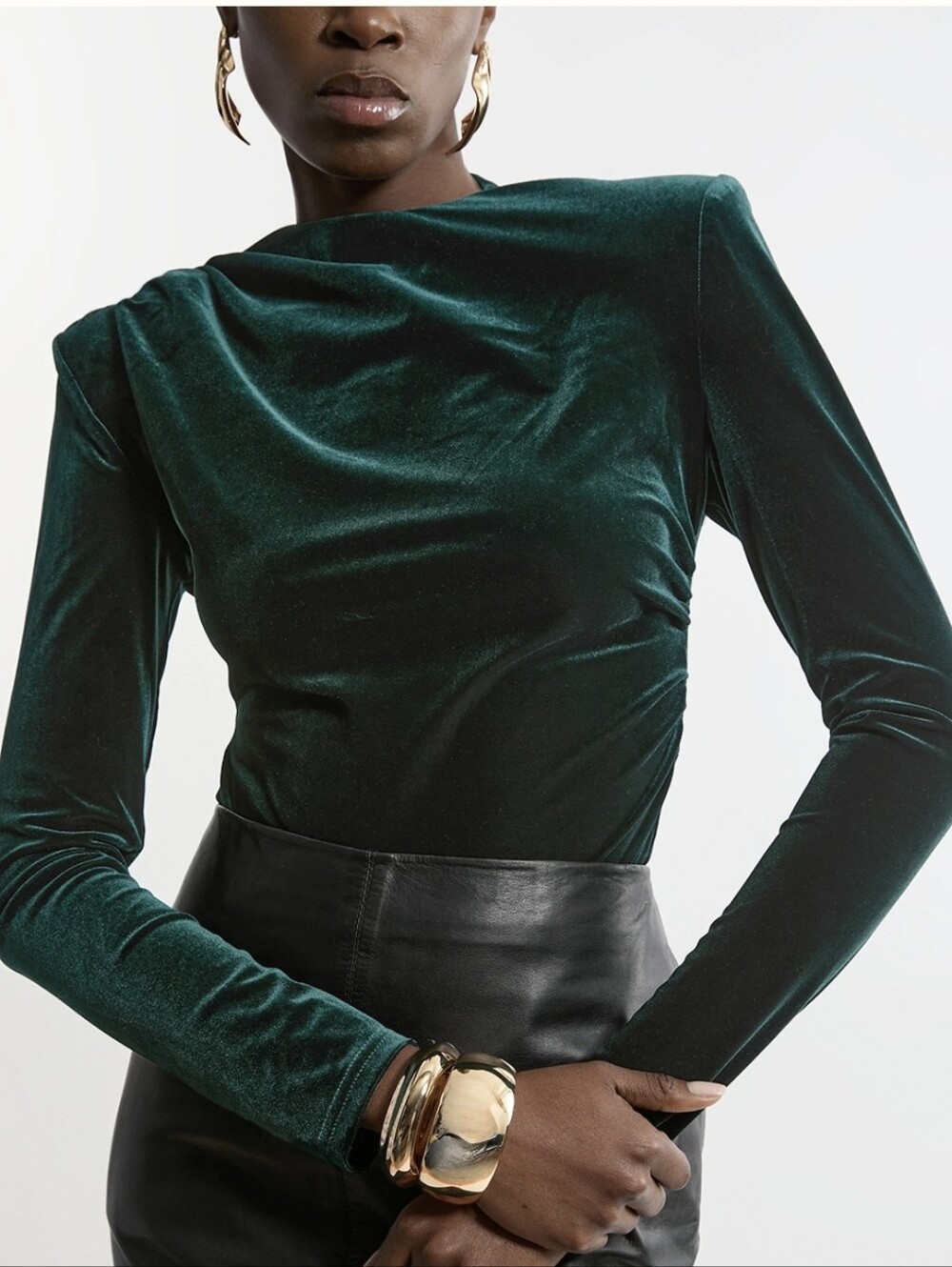 NWT Karen Millen Emerald Green Velvet Ruched Bodysuit Medium